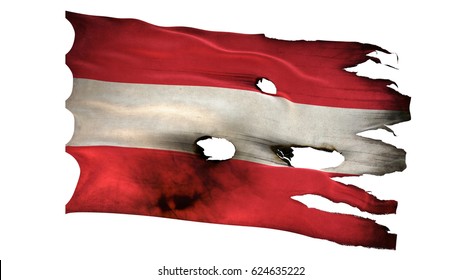 Austria AT Austrian Republic flag bullet perforated burned grunge tattered waving isolated on white background 3d illustration