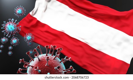 Austria And The Covid Pandemic - Corona Virus Attacking National Flag Of Austria To Symbolize The Fight, Struggle And The Virus Presence In This Country, 3d Illustration