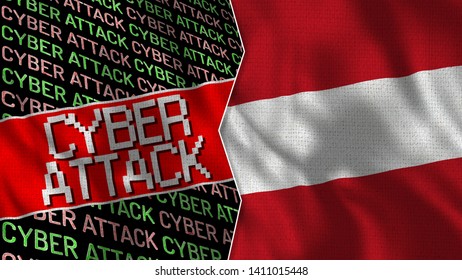 Austria and Cyber Attack Title Flag Together - 3D illustration Fabric Texture