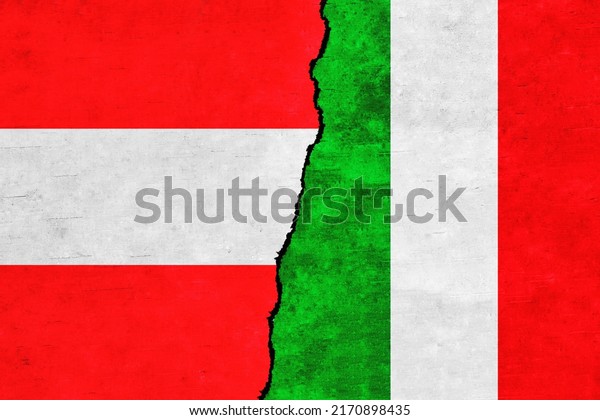 Austria and\
Italy painted flags on a wall with a crack. Italy and Austria\
relations. Austria and Italy flags\
together