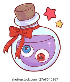 Authentic Hand Drawn Cute Creepy Eyeball in Bottle with Ribbon – Magical Star Background Creepy Kawaii Specimen Illustration, Gothic Halloween Fantasy