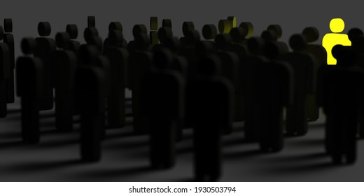 Authentic Leadership Concept: Many 3d Rendered Black Stick Men Silhouettes With Dropped Shadow. Diverse Yellow Leader Standing Out. Archive Creative Ideas. Graphic Illustration For Office Presentation