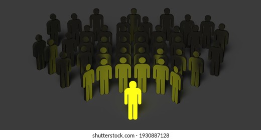 Authentic Leadership Concept: Many 3d Rendered Black Stick Men Silhouettes With Dropped Shadow. Diverse Yellow Leader Standing Out. Archive Creative Ideas. Graphic Illustration For Office Presentation