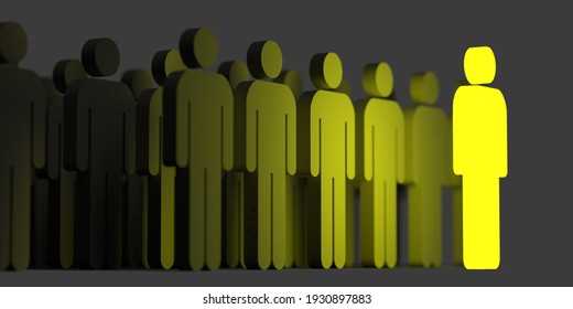 Authentic Leadership Concept: Many 3d Rendered Black Stick Men Silhouettes With Dropped Shadow. Diverse Yellow Leader Standing Out. Archive Creative Ideas. Graphic Illustration For Office Presentation