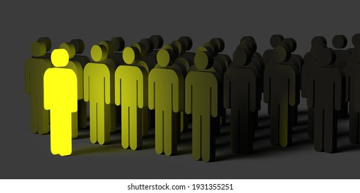 Authentic Leadership Concept: Many 3d Rendered Black Stick Men Silhouettes With Dropped Shadow. Diverse Yellow Leader Standing Out. Archive Creative Ideas. Teamwork Graphic For Office Presentation