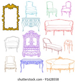 Authentic Rococo Furniture Colored Doodles And Mirror Isolated On White