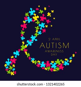 Autism awareness poster with a ribbon made of multicolored puzzle pieces on dark background. Social interaction disorder. Solidarity and support symbol. Medical concept. 