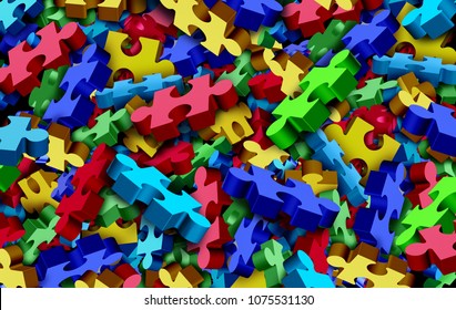 Autism background puzzle as an abstract symbol for autistic awareness as a group of jigsaw pieces as a 3D illustration.