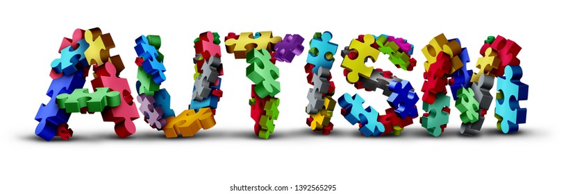 Autistic Developmental Education And Autism Disorder Puzzle Text As A Special Learning Icon As Jigsaw Pieces Coming Together As A 3D Illustration On A White Background.