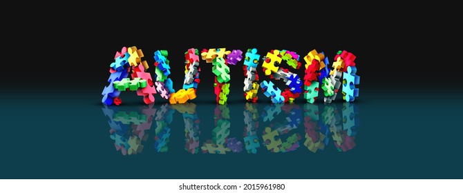 Autistic Developmental Education And Autism Disorder Puzzle Text As Children Learning Icon As Jigsaw Pieces Coming Together To Form Text As A 3D Illustration On A Black Background.