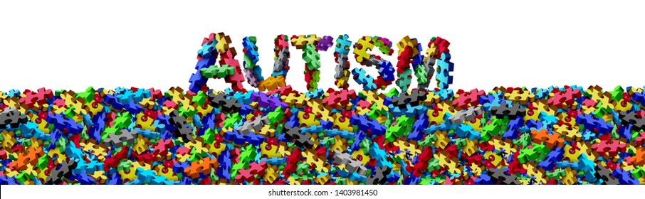 Autistic developmental learning and autism disorder puzzle symbol as text representing special education icon as jigsaw pieces coming together as a 3D illustration isolated on a white background.