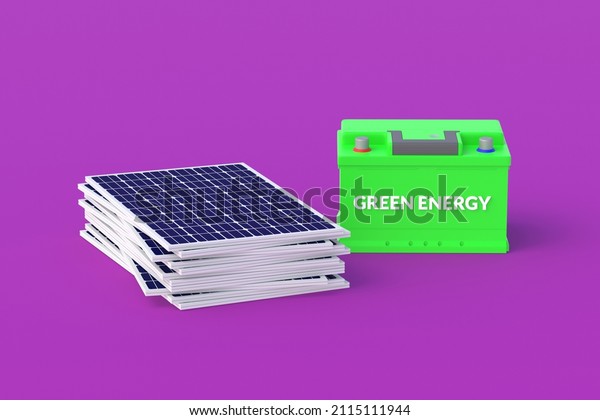 Auto battery with\
inscription green energy near solar panels. Environmentally\
friendly electricity. New technologies. Environmental protection.\
3d render