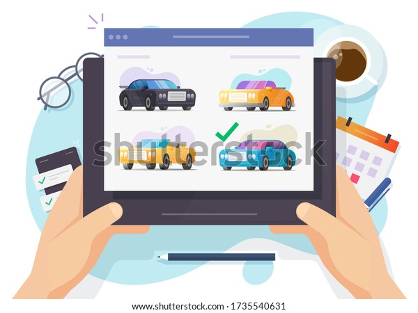 Auto and car auction online website or rental\
vehicle internet shop comparison website with choosing automobiles\
on digital tablet computer flat, concept of buying or selling web\
store image