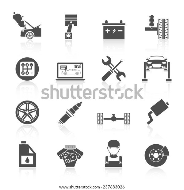 Auto car service icons\
black set of battery tires wheel engine brake repair isolated \
illustration.