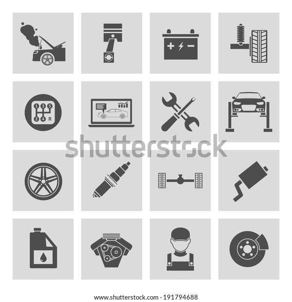 Auto car service icons set of\
battery tires wheel engine brake repair isolated \
illustration.
