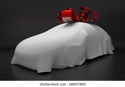 Auto Concept Of A New Covered Sports Car Topped With A Red Ribbon As A Gift
