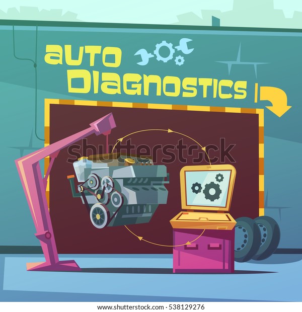 Auto diagnostics cartoon background with\
equipment and spare parts  illustration\
