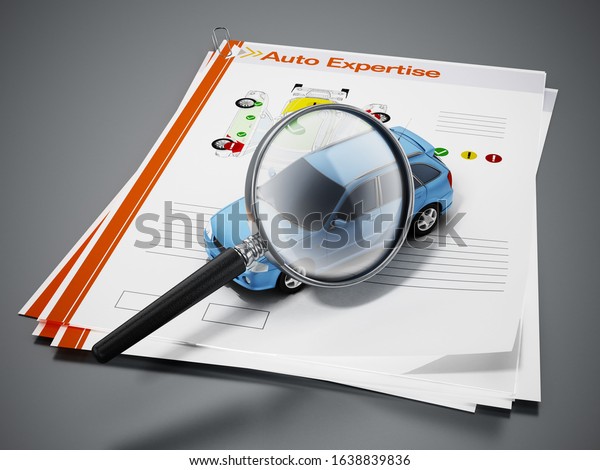 Auto expertise concept.\
Magnifying glass on the model car with test results. 3D\
illustration.