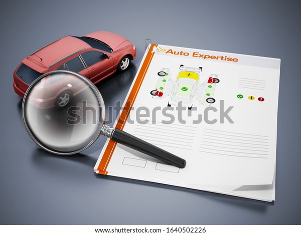 Auto expertise concept.\
Magnifying glass on the model car with test results. 3D\
illustration.
