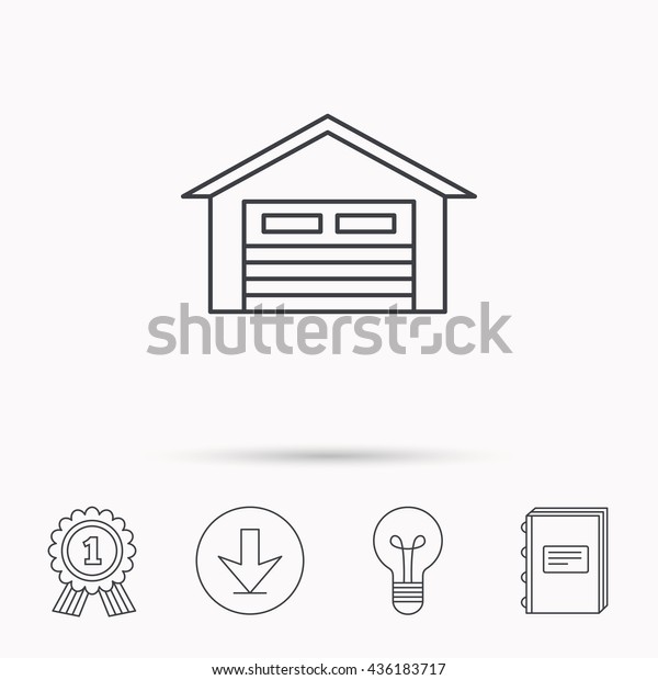 Auto garage icon. Transport
parking sign. Download arrow, lamp, learn book and award medal
icons.