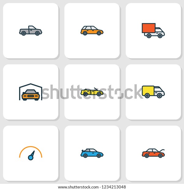 Auto icons
colored line set with hood, cabriolet, sport and other shed
elements. Isolated  illustration auto
icons.