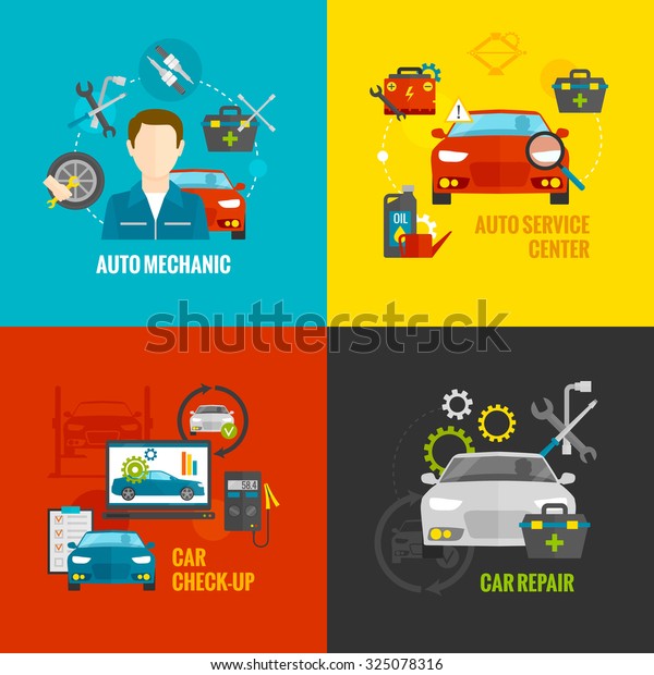 Auto mechanic design concept set\
with car repair service flat icons isolated \
illustration