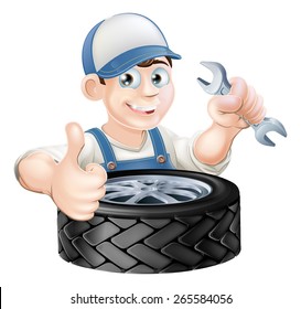 Auto mechanic giving thumbs up with a spanner and auto-mobile vehicle tyre - Powered by Shutterstock