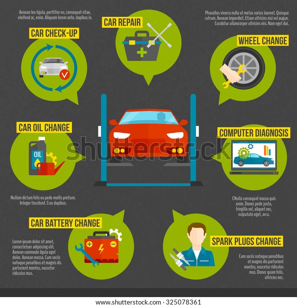 Auto mechanic infographics set with car\
repair work symbols set \
illustration