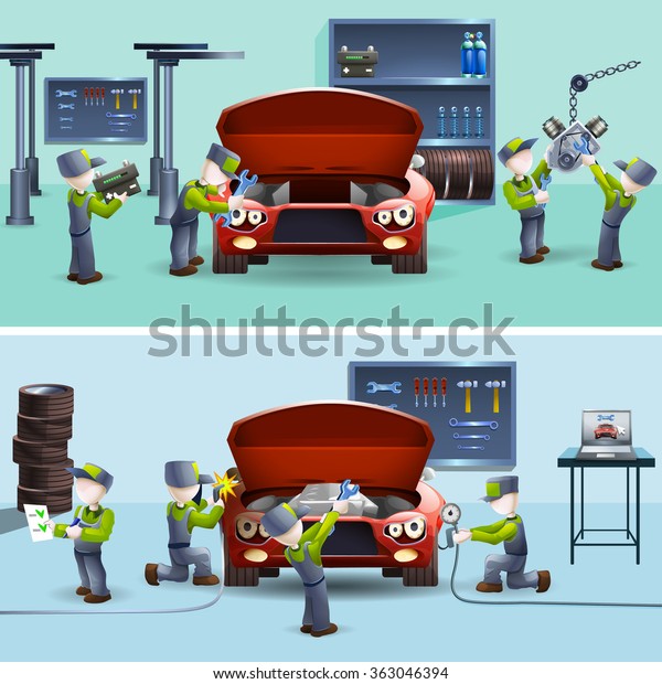 Auto mechanic service\
flat banners set