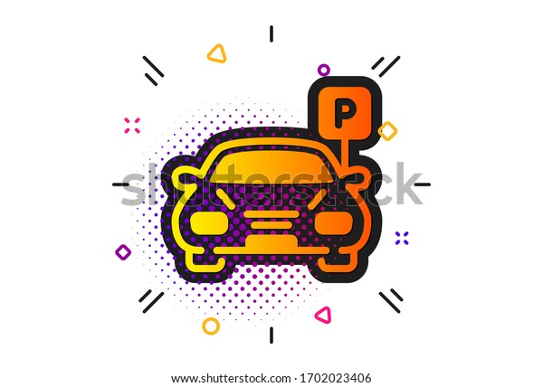Auto park sign.\
Halftone circles pattern. Car parking icon. Transport place symbol.\
Classic flat parking\
icon.