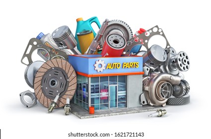 Auto Parts Near Auto Parts Store Isolated On A White Background. 3d Illustration