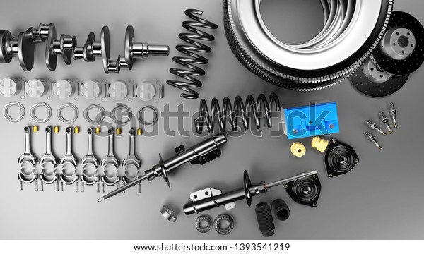Auto parts spare parts car on the grey\
background. Set with many new items for shop or aftermarket. Auto\
parts for car. 3D\
rendering