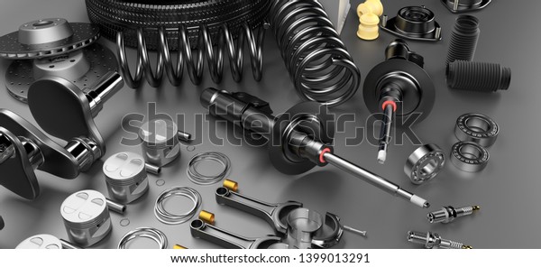 Auto parts spare parts car on the grey
background. Set with many new items for shop or aftermarket. Auto
parts for car. 3D rendering
panorama