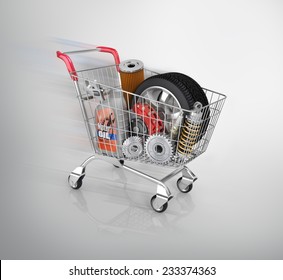 Auto Parts In The Trolley. Auto Parts Store. Automotive Basket Shop