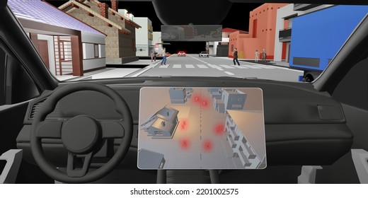 Auto Pilot Car Driverless Screen GPS Object Detection Sensor Digital UGV Advanced Driver Assistant System  3d Illustration