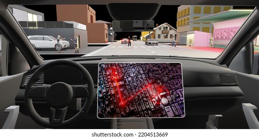 Auto Pilot Car Driverless Screen GPS Object Detection Sensor Digital UGV Advanced Driver Assistant System  3d Illustration