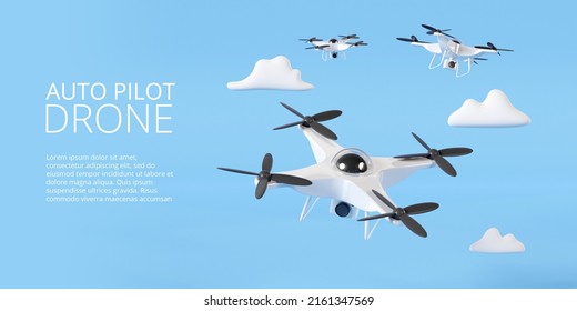 Auto Pilot Drone Flying On A Blue Sky And Clouds. 3D Rendering