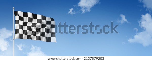 Auto racing finish
checkered flag, three dimensional render,  isolated on a blue sky.
3D illustration