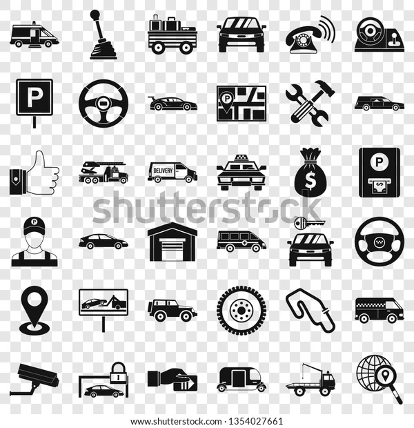 Auto rental icons set. Simple style of 36 auto\
rental icons for web for any\
design