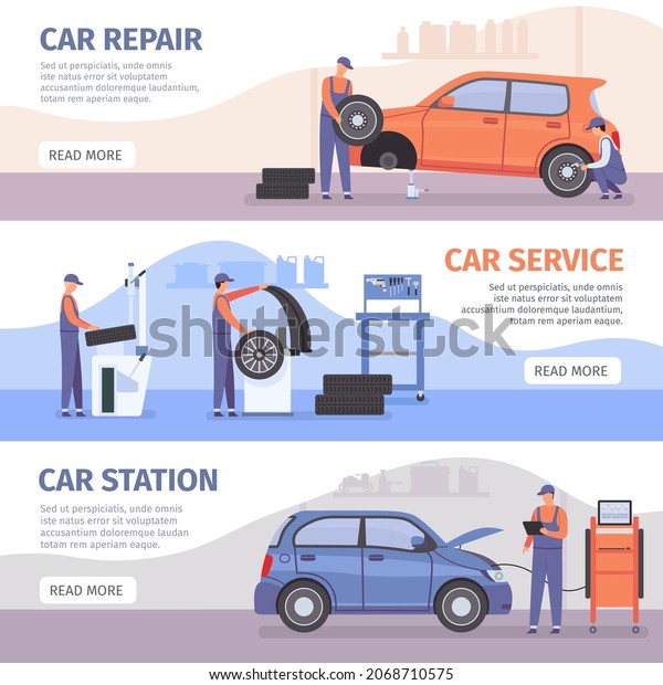 Auto repair service banner. Car workshop posters\
with workers fix cars and wheel tires. Vehicle mechanic maintenance\
advertising  set. Illustration diagnostic repairman, professional\
banner