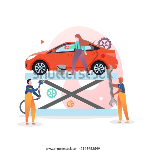 Auto
repair service and wash illustration. Male and female characters
fixing and washing automobile. Car wash, auto mechanic and repair
shop concept for web banner, website page
etc.