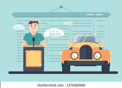 Auto sale auction with character. Sale of a restored old car at auction. Sold vehicle. illustration with character. - Powered by Shutterstock