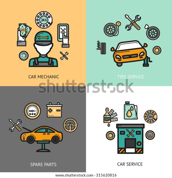 Auto service\
design concept set with car mechanic tire service spare parts flat\
icons isolated \
illustration