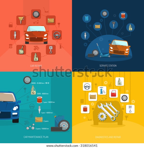 Auto service design\
concept set with car repair station diagnostics plan flat icons\
isolated \
illustration