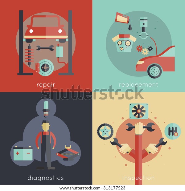 Auto service design\
concepts set with repair replacement diagnostics inspection\
isolated \
illustration
