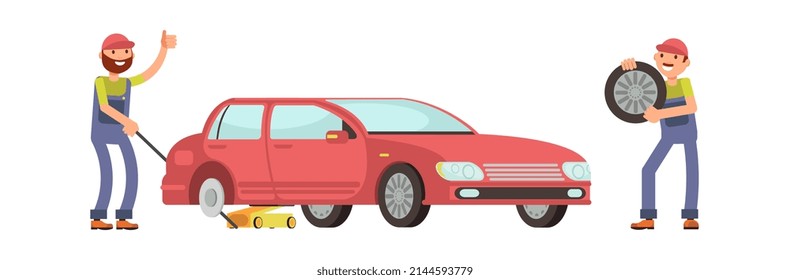 Auto service. Mechanics change wheels on car. Seasonal vehicle inspection, isolated flat mechanic in uniform characters - Powered by Shutterstock