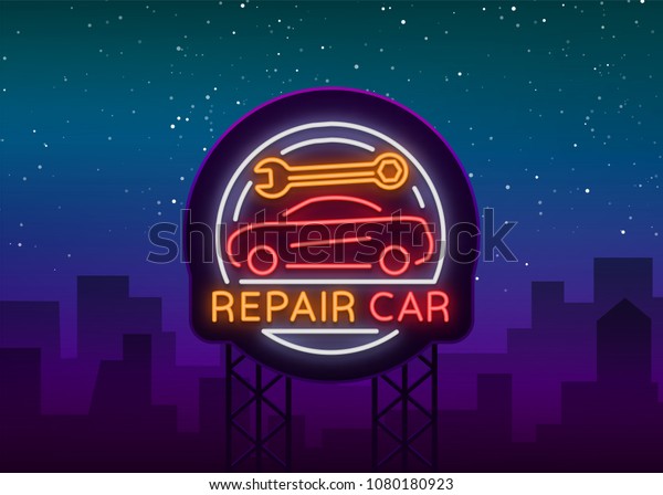 Auto service repair logo in neon style.\
Neon sign, a symbol on the topic of repairing cars. Emblem, bright\
banner, shiny sign, night non-neon bright advertising of auto\
repair.\
illustration.