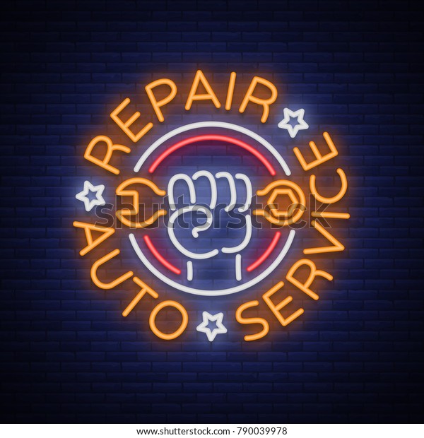 Auto service repair logo in neon style.\
Neon sign, a symbol on the topic of repairing cars. Emblem, bright\
banner, shiny sign, night non-neon bright advertising of auto\
repair.\
illustration.