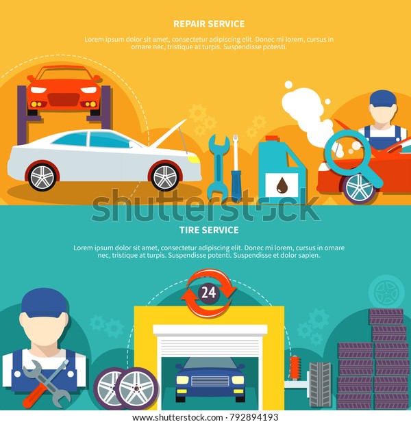Auto\
service two horizontal banners with tire service and car spares\
decorative icons compositions flat  illustration \
