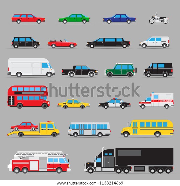 Auto transport icon set. Collection\
of different kinds and types of transportation\
cars